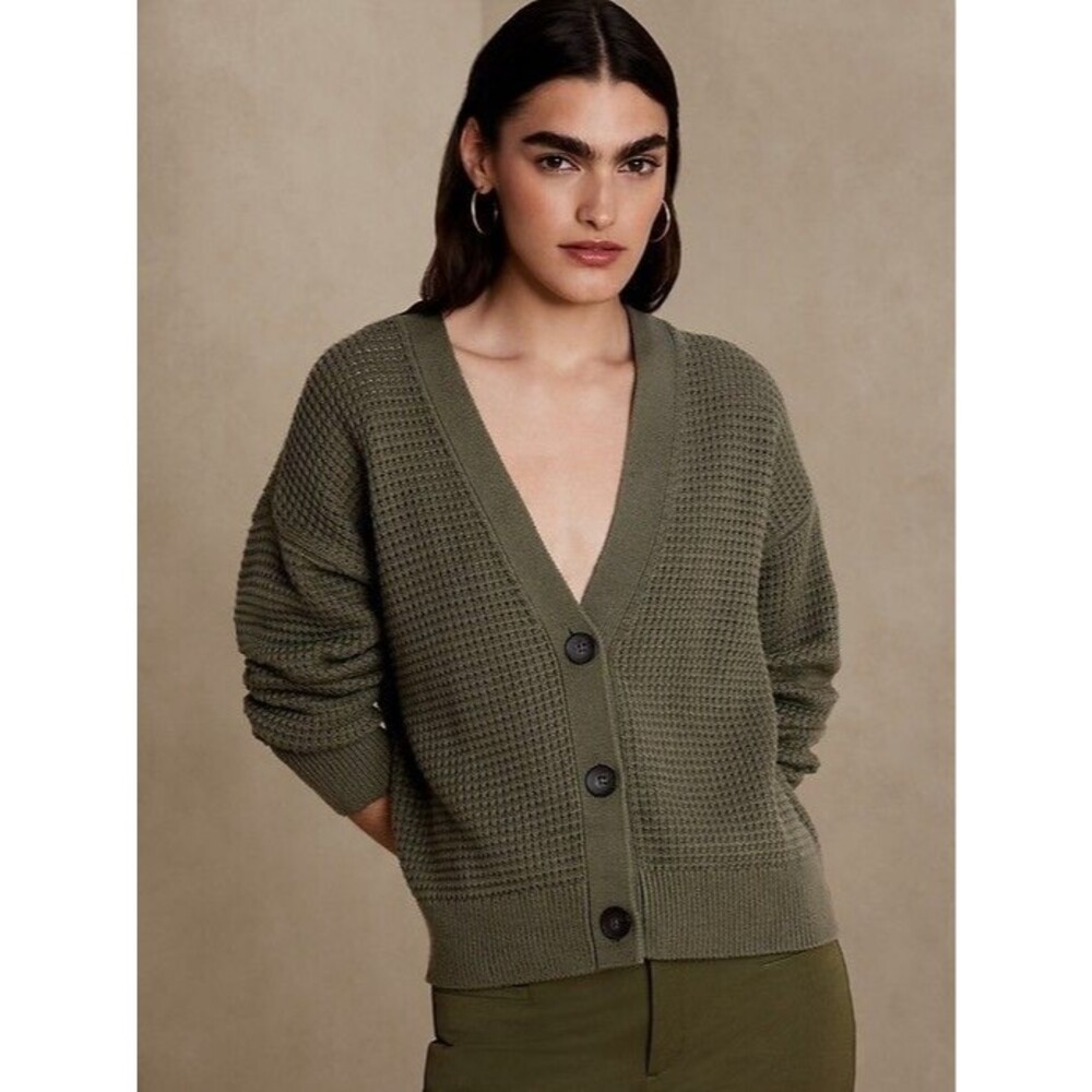 Banana Republic Green Open Stitch Waffle Knit Cardigan Indie Cottage Grunge S